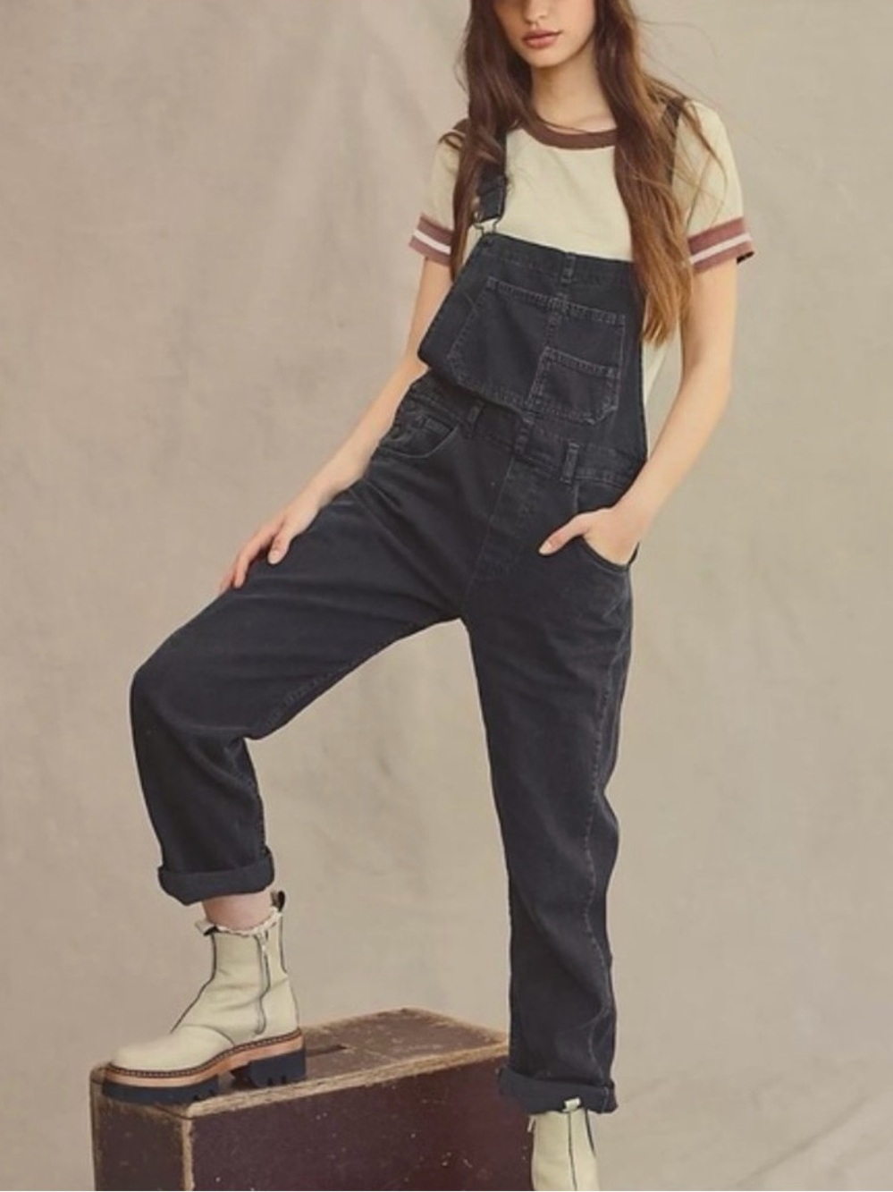 Free People Ziggy Washed Black Denim Overalls Size XS